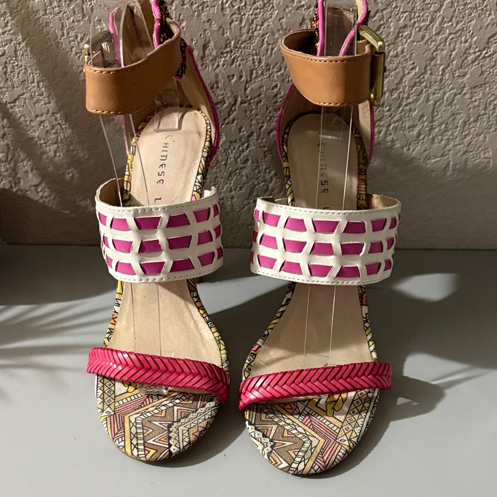 Chinese Laundry Pink, White & Tan Patterned Strappy Heels